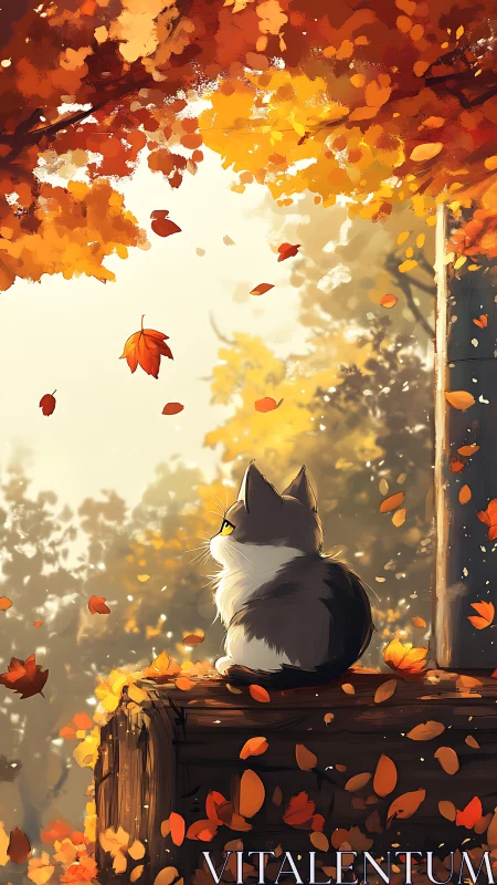 Black and White Cat Watches Autumn Leaves Fall.