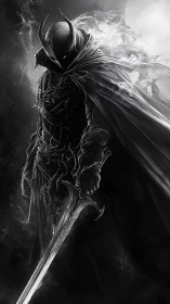 Shadow-cloaked knight wandering through swirling moonlit mist.