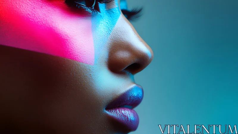 Side profile portrait with neon pink and blue lighting.