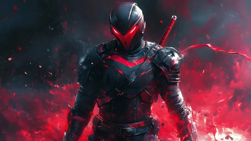 Crimson shadow warrior ignites a storm of neon embers.