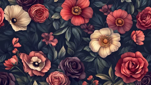 Botanical Digital Floral Composition with Roses, Cosmos and Dahlias. Dark Background.
