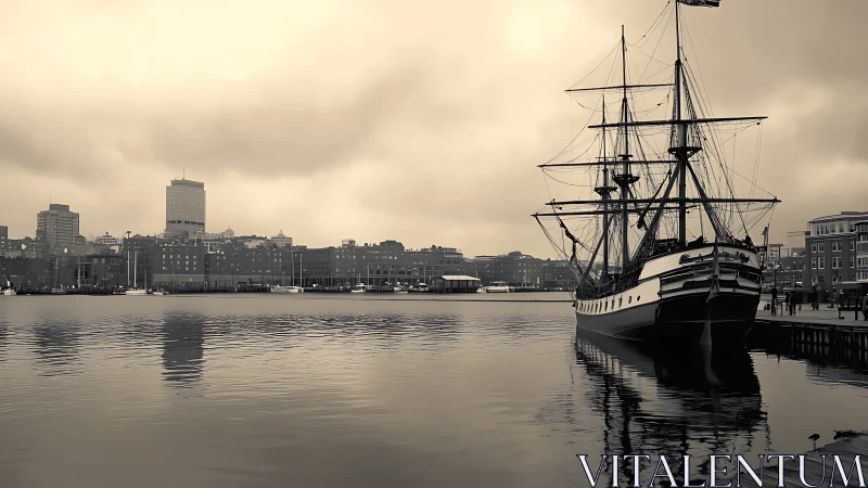 Historic tall ship moored in modern urban harbor at dusk.