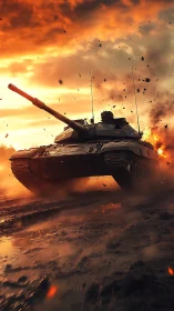 Powerful battle tank rolling through a blazing sunset storm.