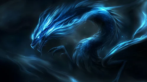 Luminescent blue dragon coils through ethereal cosmic mist.