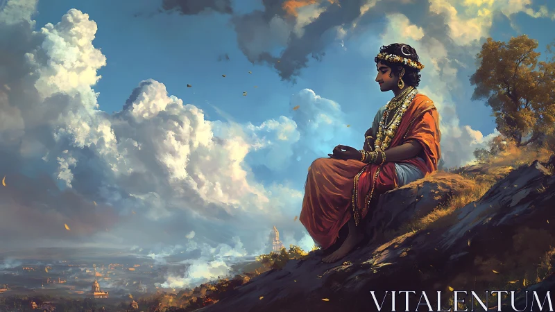 Meditative prince above valley under towering clouds.