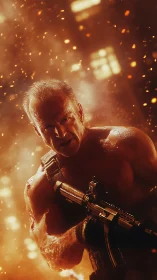 Armed shirtless male in burning particle-filled environment.
