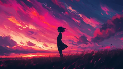 Silhouette girl stands in windswept field under vivid sunset sky