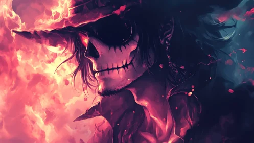 Flaming skeletal gunslinger rendered in high-contrast neon fire