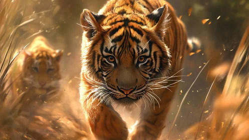 Predatory tiger cub advances through sunlit grassland haze