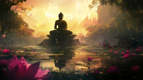 Seated Buddha statue overlooks lotus pond at diffuse sunset light