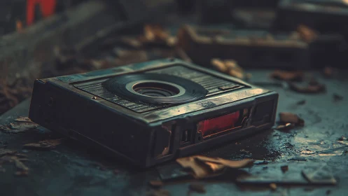 Retro cassette lens rests on rusted metal surface, decayed.