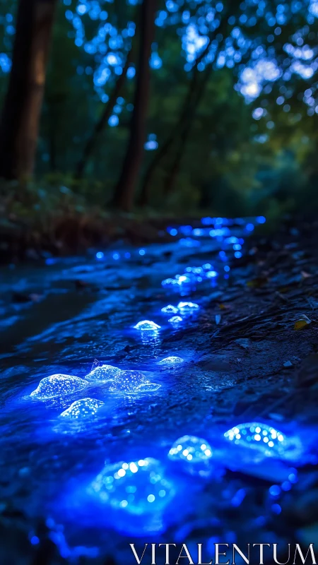 Bioluminescent blue stream bubbles glowing through forest.