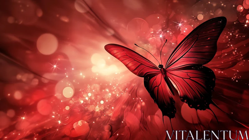 Red butterfly glows against swirling abstract bokeh field