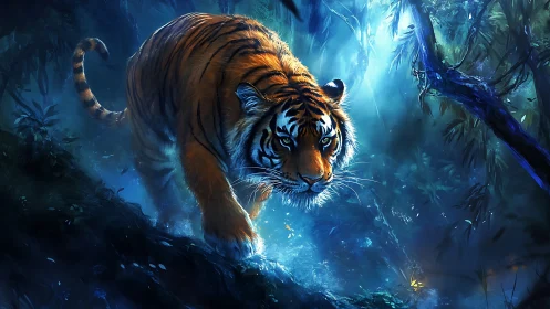 Bioluminescent jungle tiger rendered with high contrast rim lighting