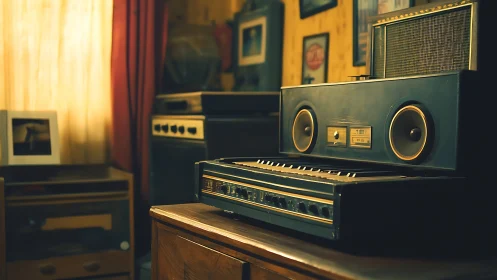 Vintage keyboard and speakers glow softly in a cozy room