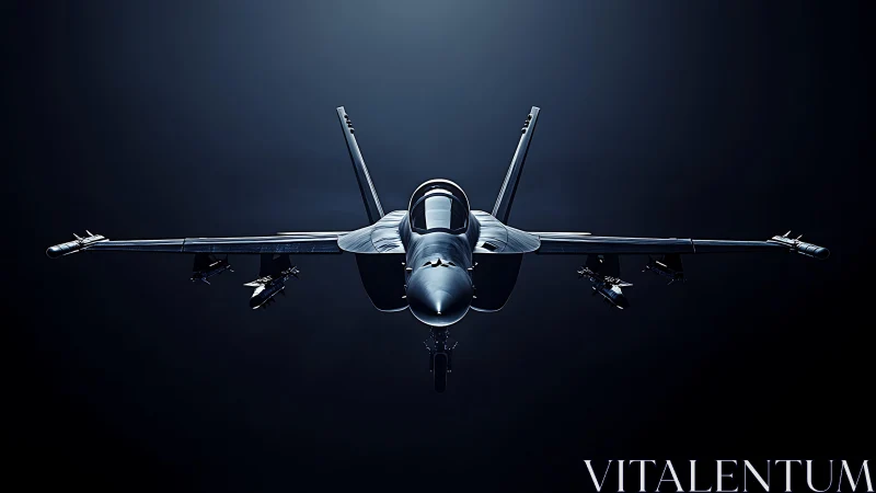 Front view of modern fighter jet in dark studio lighting.