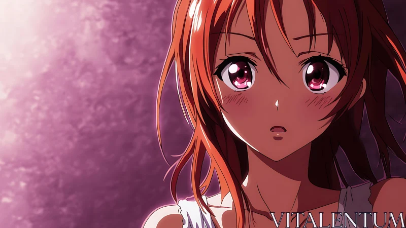 Close-up anime portrait of young woman against violet wall.