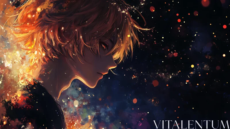 Fiery haired anime boy in glowing cosmic darkness.
