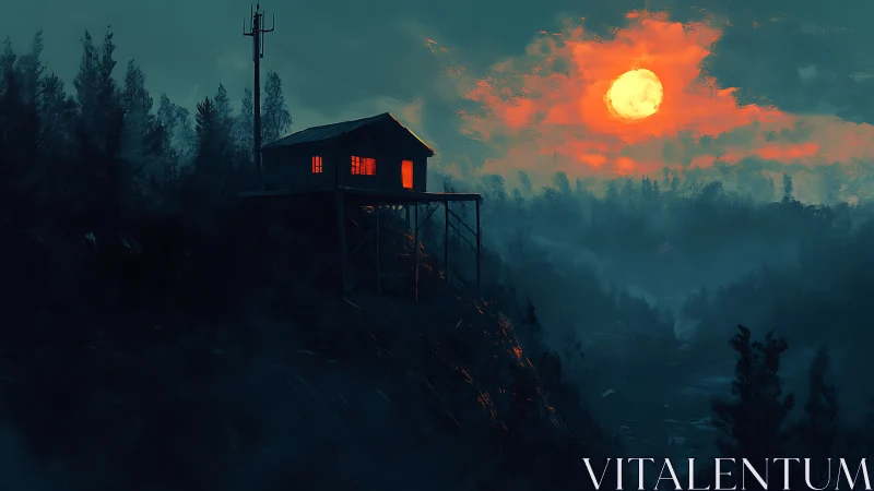 Elevated cabin overlooks foggy forest valley under vivid orange moon
