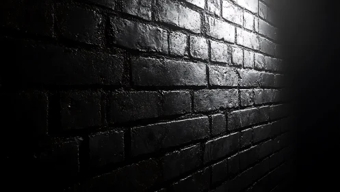 Gleaming midnight bricks leaning toward a quiet vanishing point.