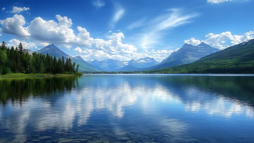 Mountain lake panorama with reflective blue sky and pines.