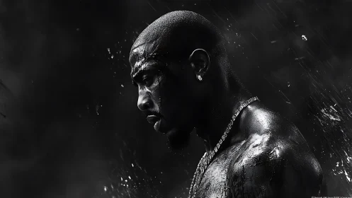 Storm-soaked silhouette of a resolute man in stark shadow.