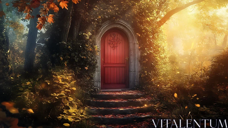 Red wooden door set in sunlit forest stone archway.
