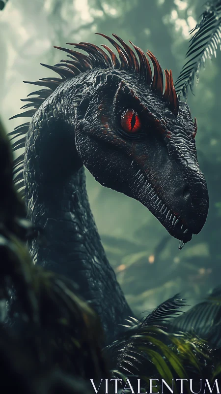 Crimson-eyed jungle raptor stalks through misty primeval hush.