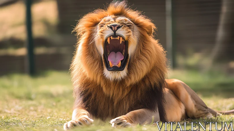 Male lion lies in sunlit grassland and yawns widely