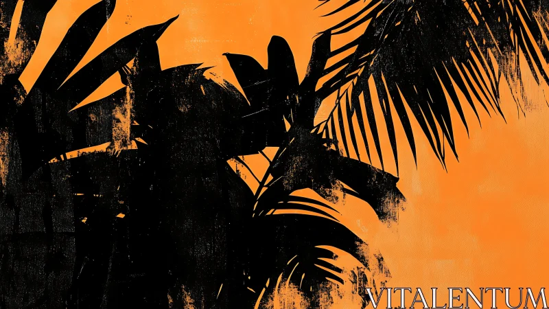 Silhouetted palm foliage contrasts with textured orange ground