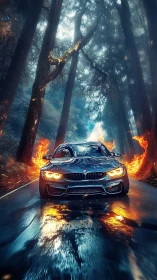 BMW sports coupe storms wet forest road through fire ring.