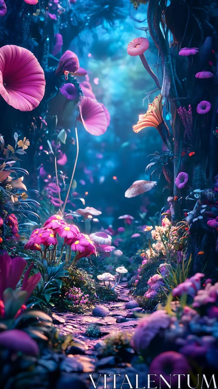 Whisperlit mushroom path winding through neon-twilight glade.