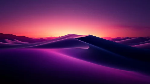 Neon-lit desert dunes glow beneath a radiant twilight sky.