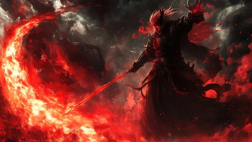 Blazing spellblade carving a fiery storm across night skies.