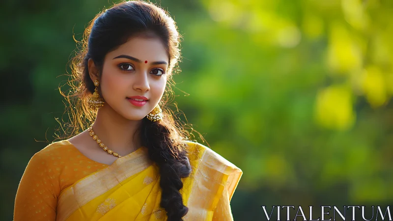 Elegant woman in yellow saree with traditional jewelry, soft focus.