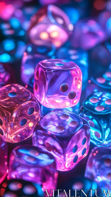 Neon glass dice glow in vibrant casino inspired bokeh light