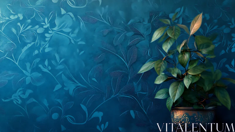 Potted green plant softens an ornate teal floral wall