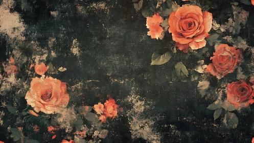 Weathered digital rendering depicts orange roses on dark ground