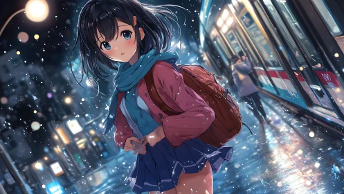 Snowy platform encounter with blue-scarfed anime schoolgirl.