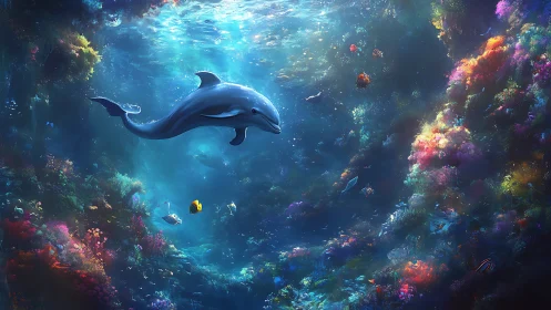 Dolphin moving through illuminated coral reef environment.
