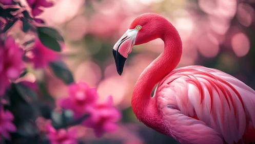 Flamingo profile with pink plumage in soft focus habitat.