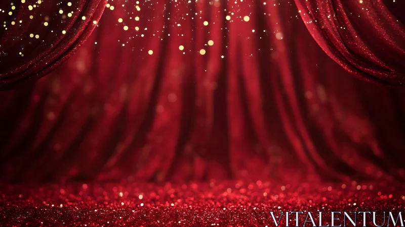 Red stage curtains with glittering particles and bokeh lights.