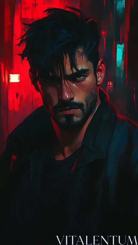 Brooding noir portrait under neon red city lights.