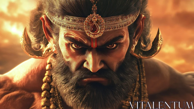 Fierce warrior demigod gazes forward with burning resolve