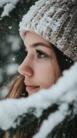 Quiet winter gaze beneath soft snow-dusted knit hat.