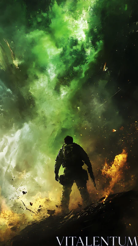 Lone soldier gazes into a radioactive storm of warfire.