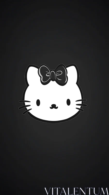 Minimal kitty emblem with monochrome bow on black field.