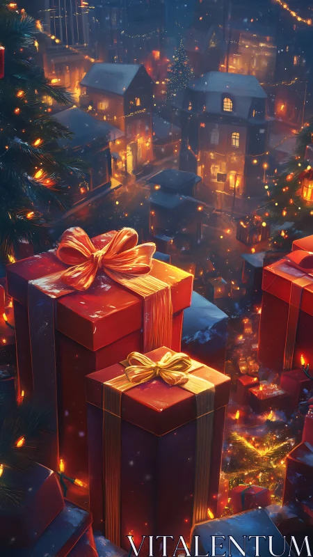 Towering gift boxes quietly guard a glowing winter village