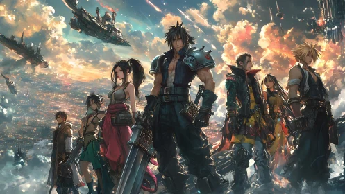 Epic anime squad on sky-city ruins with colossal swords drawn