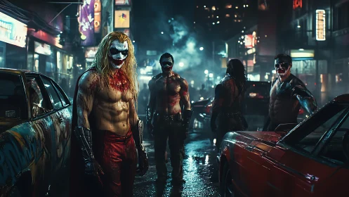 Masked street gang stalks a neon‑lit, rain‑slicked city night.